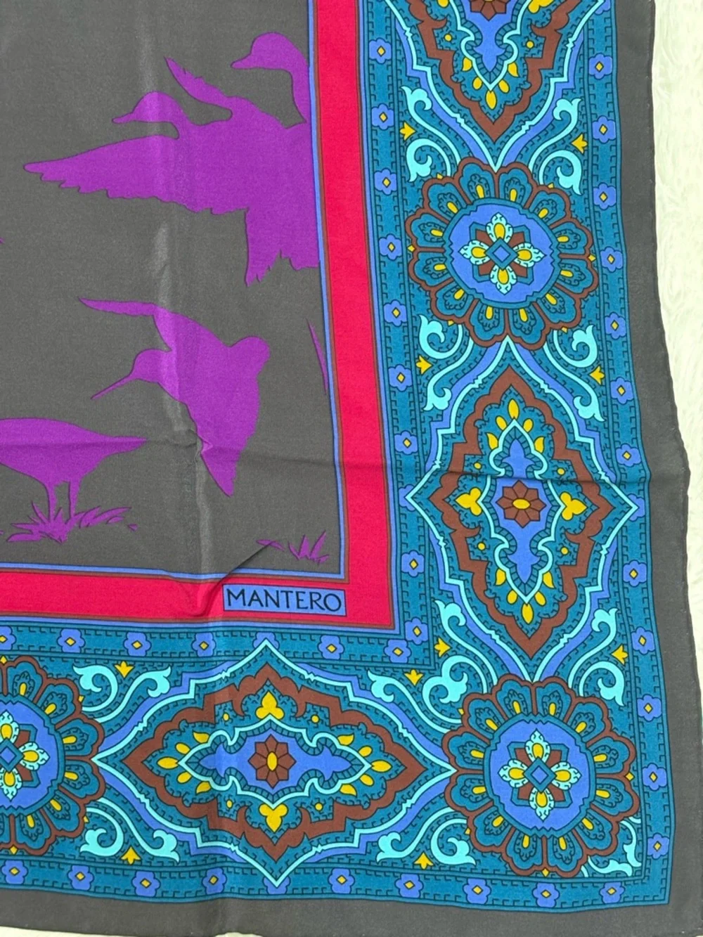 Mantero Multicolor Silk-Feel Square Scarf — Teal, Purple & Red Accents